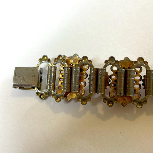 Vintage Book Chain Victorian Revival Pink Glass Brass Bracelet - Picture 6 of 8